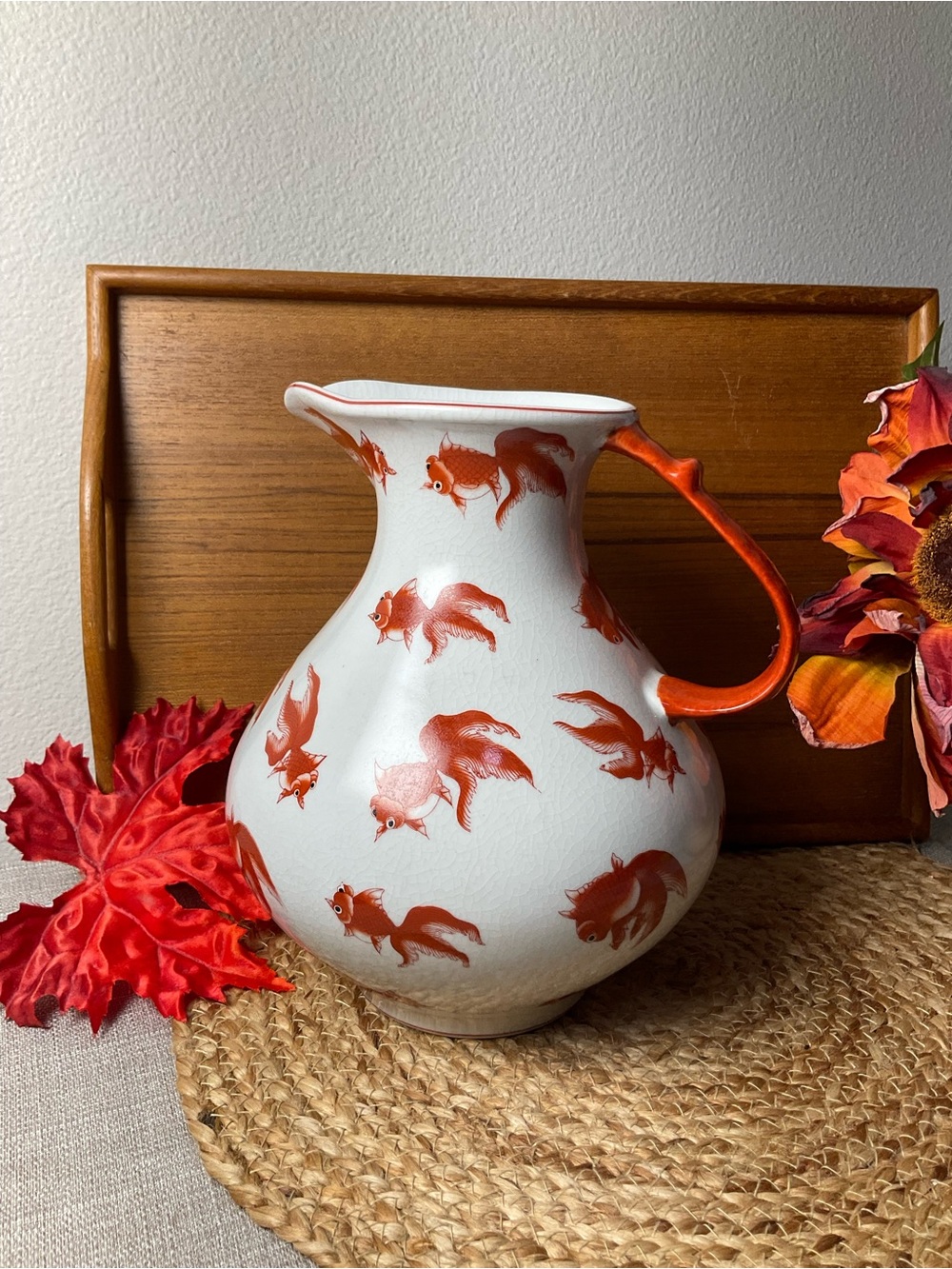 Dolce Vita White Ceramic Pitcher with Orange Fish Motif